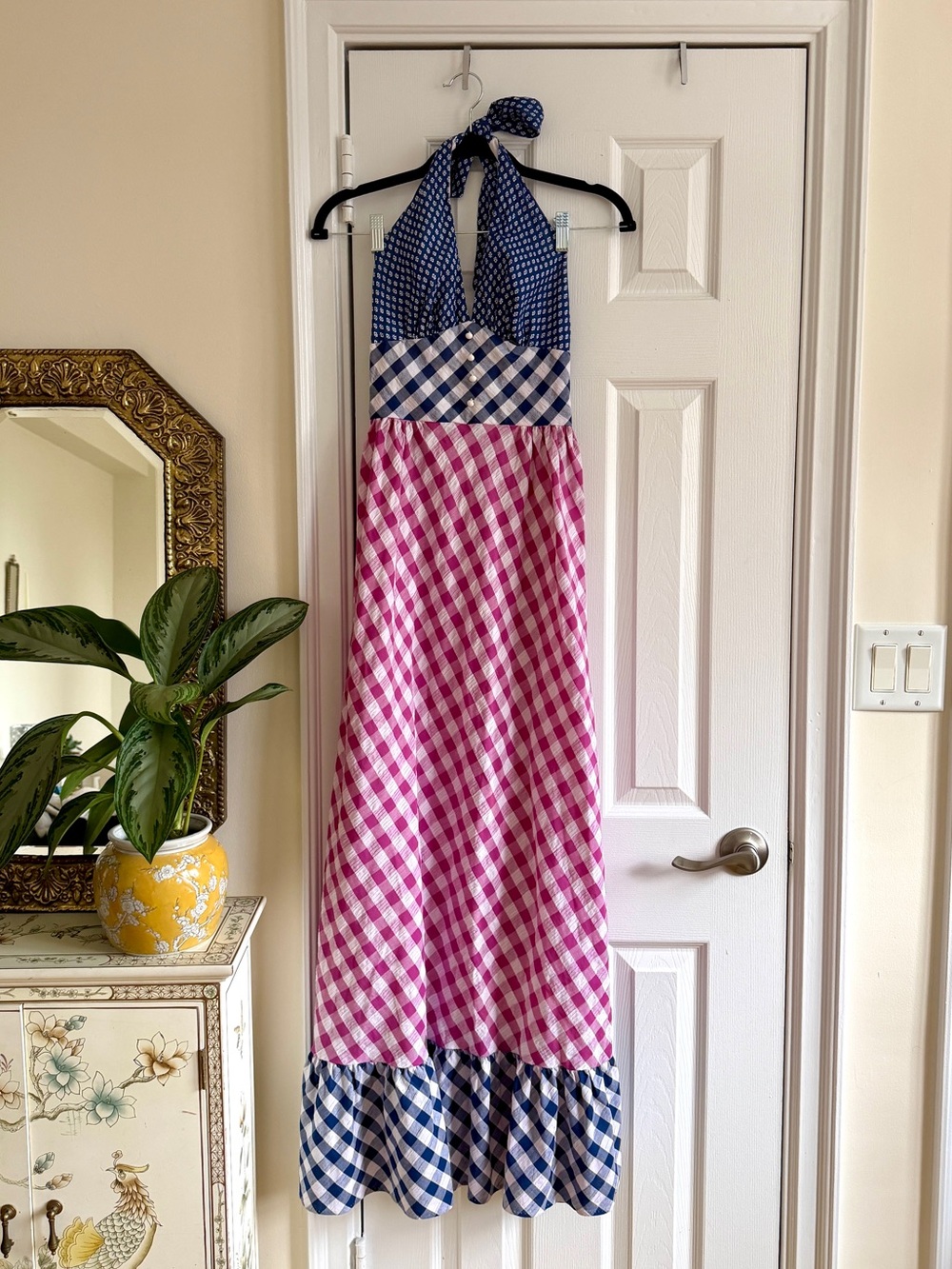 Vintage 1970s gingham “beach party” halter plaid maxi dress